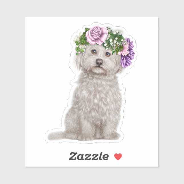 Maltese Dog Wearing Flowered Wreath Sticker (Sheet)