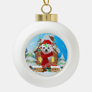 Maltese dog with Christmas gifts Ceramic Ball Christmas Ornament
