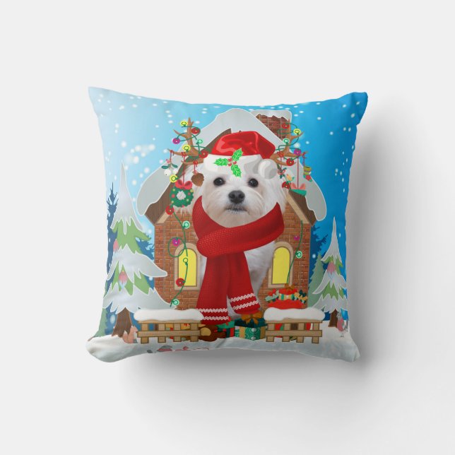 Maltese dog with Christmas gifts Throw Pillow (Front)