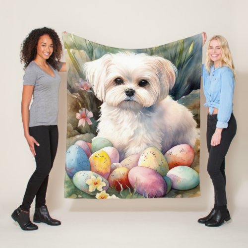 Maltese Dog with Easter Eggs Holiday  Fleece Blanket