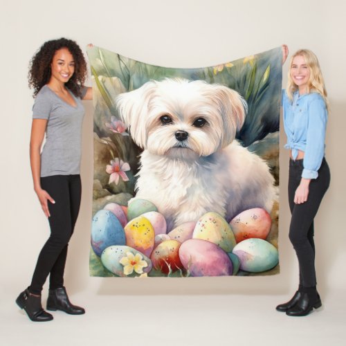 Maltese Dog with Easter Eggs Holiday  Fleece Blanket
