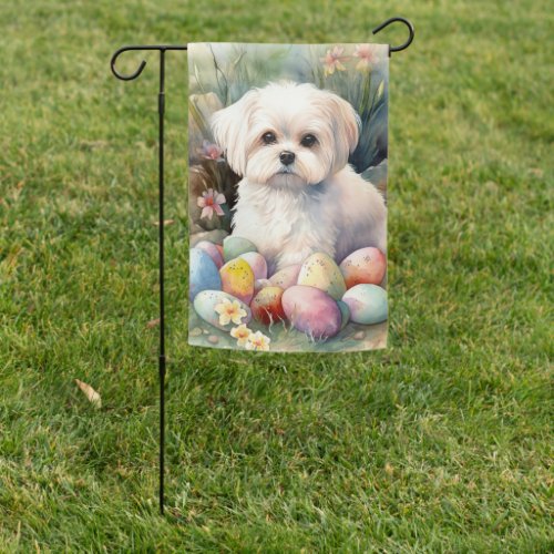Maltese Dog with Easter Eggs Holiday  Garden Flag