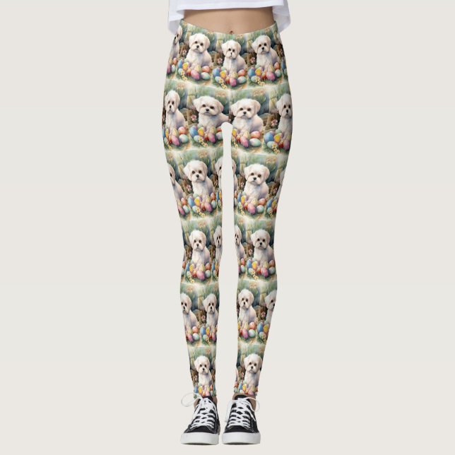 Maltese Dog with Easter Eggs Holiday  Leggings (Front)