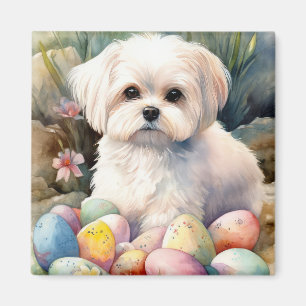 Maltese Dog with Easter Eggs Holiday Magnet