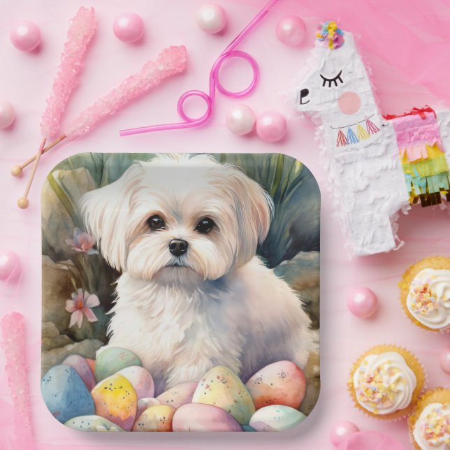 Maltese Dog with Easter Eggs Holiday  Paper Plates (Party)