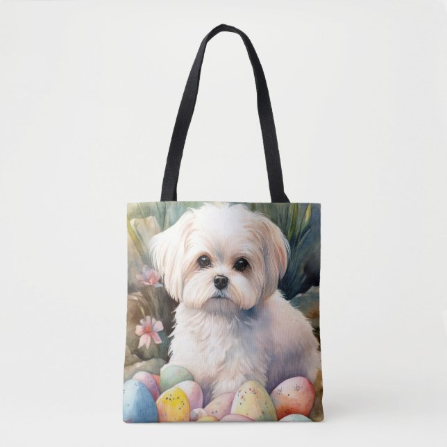 Maltese Dog with Easter Eggs Holiday  Tote Bag (Front)