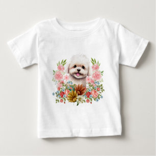 Maltese Dog with Flowers, Cute Maltese Puppy Baby T-Shirt