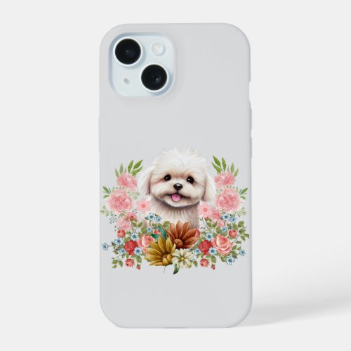 Maltese Dog with Flowers Cute Maltese Puppy iPhone 15 Case