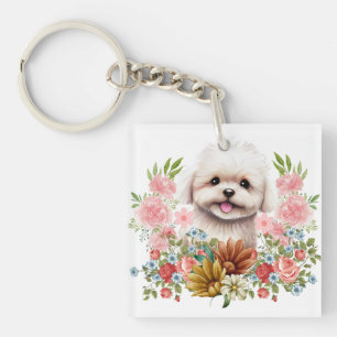 Maltese Dog with Flowers, Cute Maltese Puppy Keychain