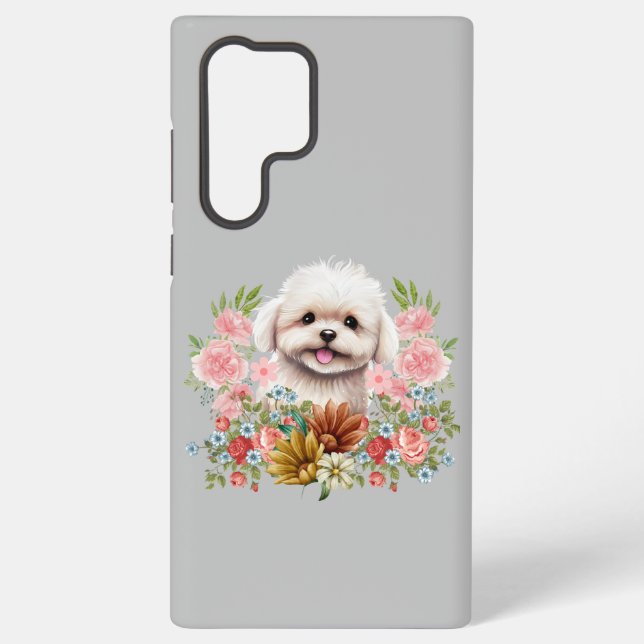 Maltese Dog with Flowers, Cute Maltese Puppy Samsung Galaxy Case (Back)