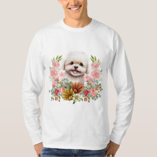 Maltese Dog with Flowers, Cute Maltese Puppy T-Shirt