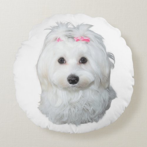 Maltese Dog with Pink Bows Round Pillow