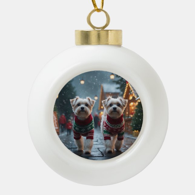 Maltese Dogs Christmas Snow Holiday Ceramic Ball Christmas Ornament (Front)