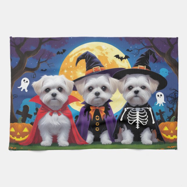 Maltese Dogs Pumpkin Halloween Funny Kitchen Towel (Horizontal)