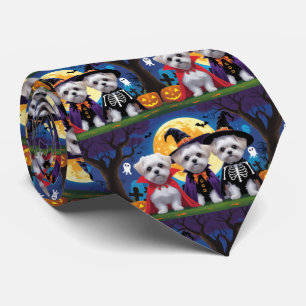 Maltese Dogs Pumpkin Halloween Funny Neck Tie