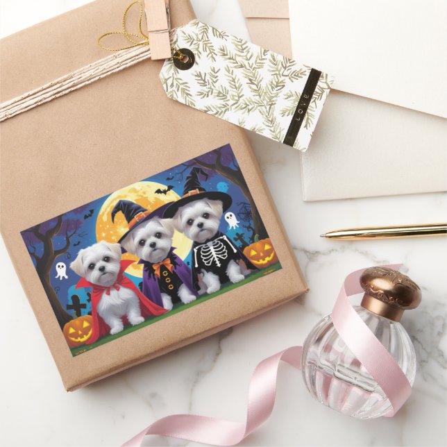 Maltese Dogs Pumpkin Halloween Funny Rectangular Sticker (Gifting)