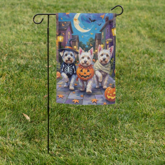 Maltese Dogs Trick-or-Treating Halloween Costumes Garden Flag (In SItu)