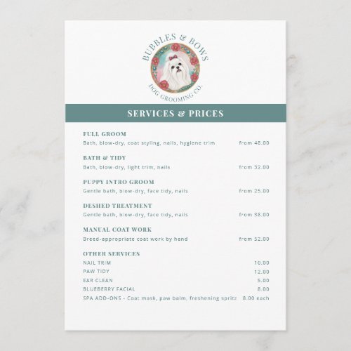 Maltese Grooming Salon Price List Flyer Card