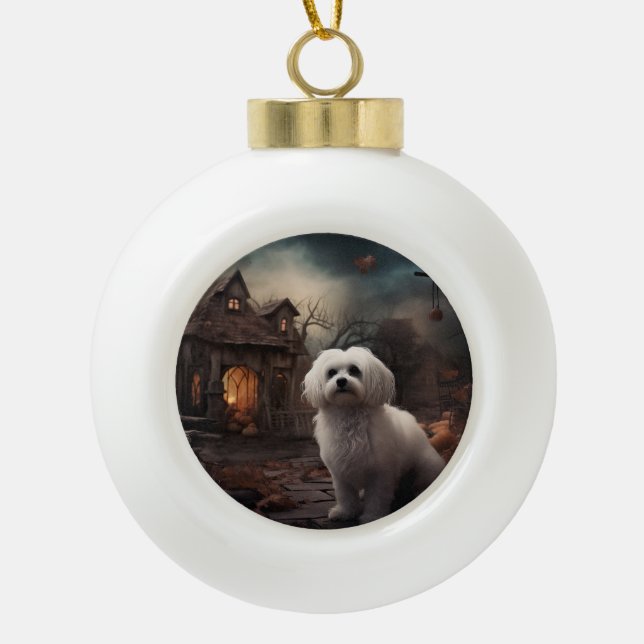 Maltese Halloween Scary Ceramic Ball Christmas Ornament (Front)