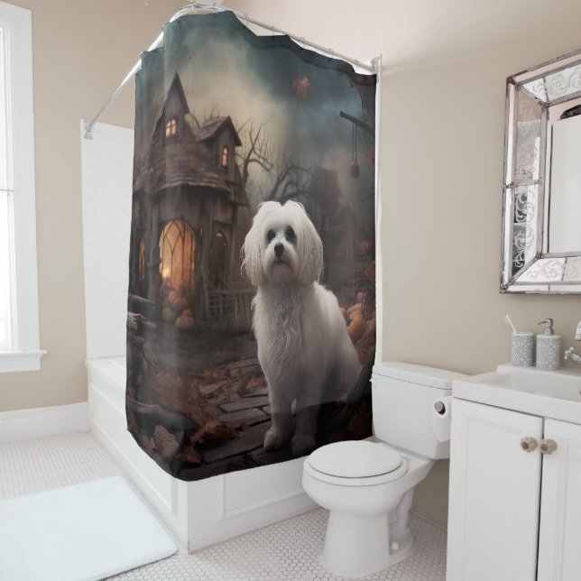 Maltese Halloween Scary Shower Curtain (In Situ)