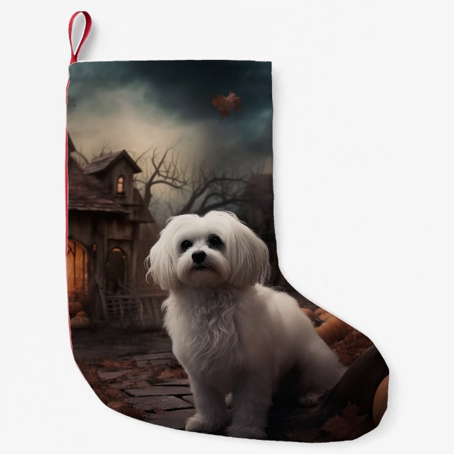 Maltese Halloween Scary Small Christmas Stocking (Front)