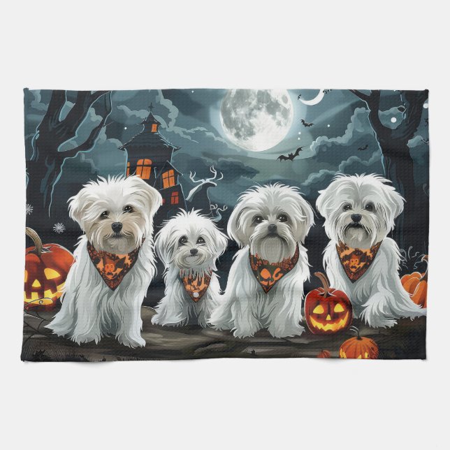 Maltese Halloween Spooky Kitchen Towel (Horizontal)