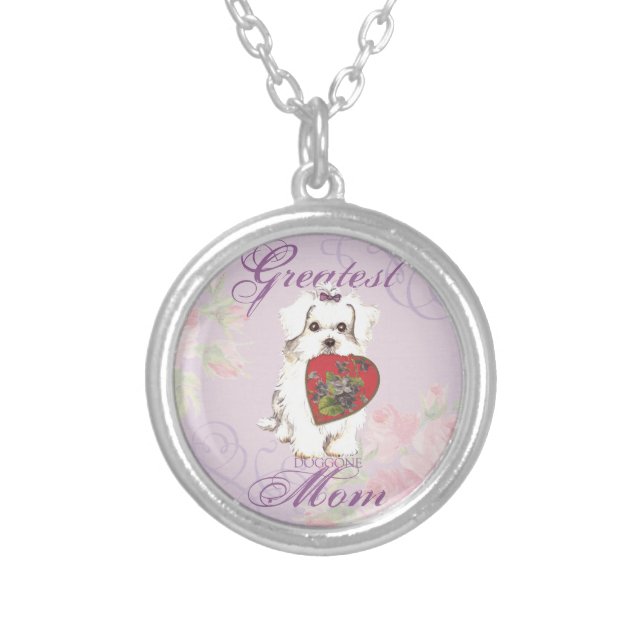 Maltese Heart Mom Silver Plated Necklace (Front)