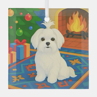 Maltese Holiday Card Glass Ornament
