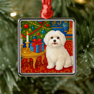Maltese Holiday Metal Ornament