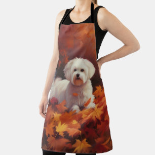 Maltese in Autumn Leaves Fall Inspire  Apron