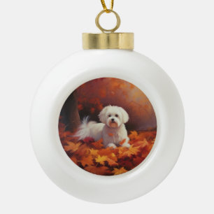 Maltese in Autumn Leaves Fall Inspire Ceramic Ball Christmas Ornament
