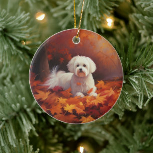 Maltese in Autumn Leaves Fall Inspire Ceramic Ornament
