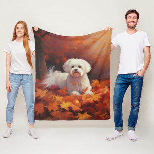 Maltese in Autumn Leaves Fall Inspire  Fleece Blanket