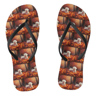 Maltese in Autumn Leaves Fall Inspire  Flip Flops