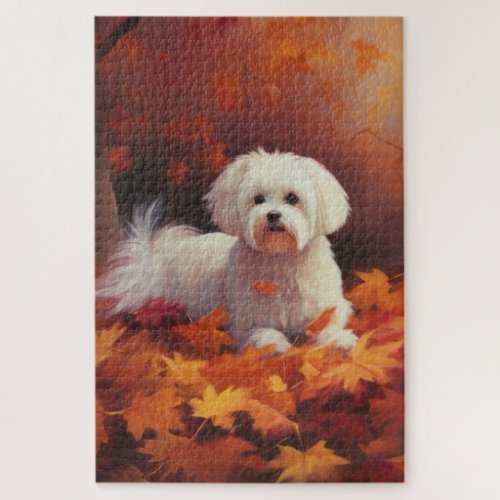 Maltese in Autumn Leaves Fall Inspire  Jigsaw Puzzle