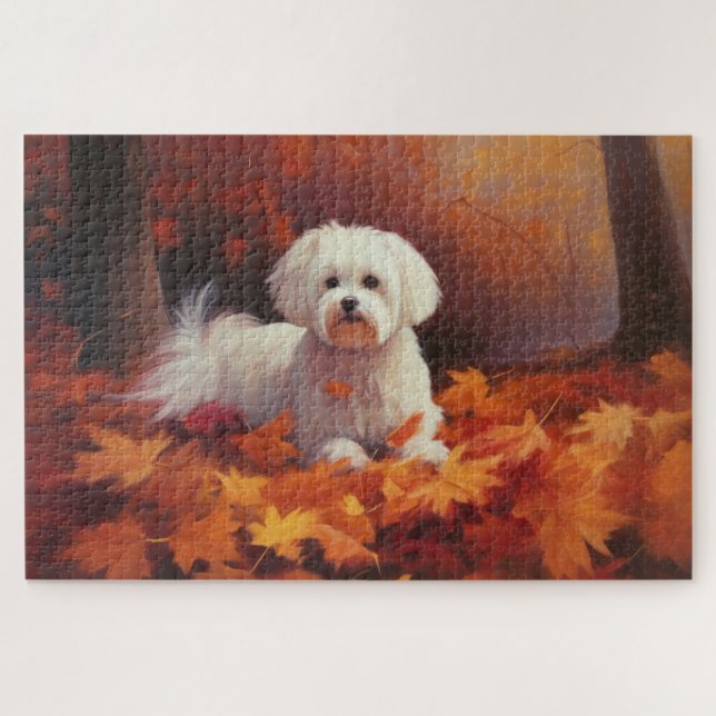 Maltese in Autumn Leaves Fall Inspire  Jigsaw Puzzle (Horizontal)