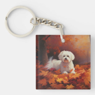 Maltese in Autumn Leaves Fall Inspire Keychain