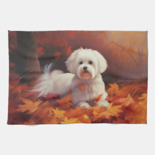 Maltese in Autumn Leaves Fall Inspire  Kitchen Towel