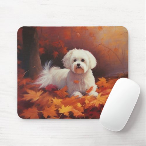 Maltese in Autumn Leaves Fall Inspire  Mouse Pad