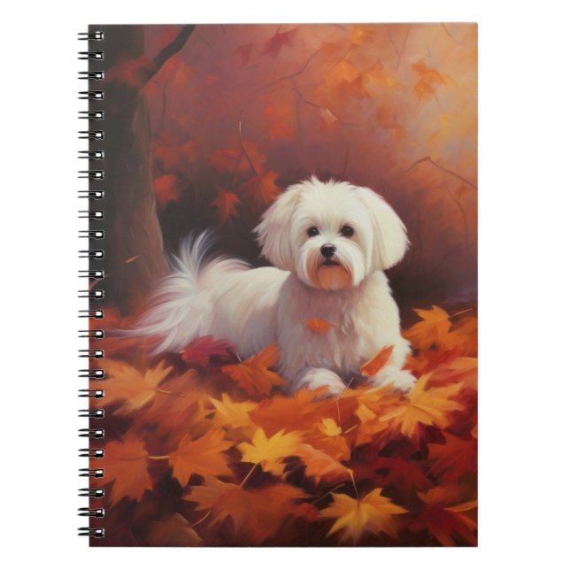Maltese in Autumn Leaves Fall Inspire  Notebook (Front)