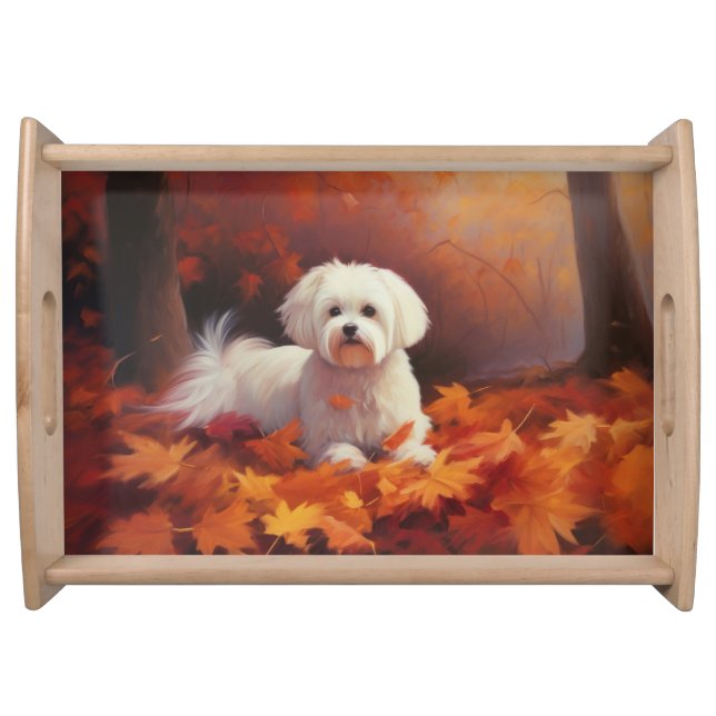 Maltese in Autumn Leaves Fall Inspire  Serving Tray (Front)