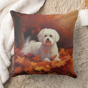 Maltese in Autumn Leaves Fall Inspire  Throw Pillow