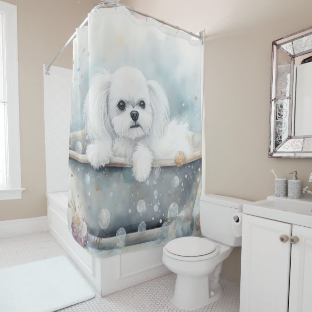 Maltese In Bathtub Watercolor Dog Art Shower Curtain (In Situ)