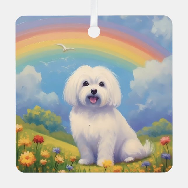 Maltese Memorial Custom Dog Name Rainbow Bridge Metal Ornament (Front)