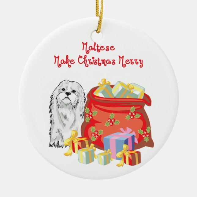 Maltese Merry Christmas Ceramic Ornament (Front)