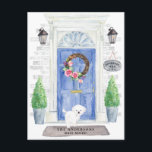Maltese Moving Announcement Postcard<br><div class="desc">Announce your new address with our stylish announcement featuring a Maltese,  blue front door,  welcome mat,  slate sign,  topiaries and a floral wreath set on a gray brick background.</div>