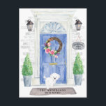 Maltese Moving Announcement Postcard<br><div class="desc">Announce your new address with our stylish announcement featuring a Maltese,  blue front door,  welcome mat,  slate sign,  topiaries and a floral wreath set on a gray brick background.</div>