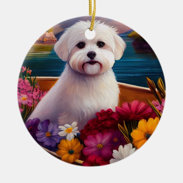 Maltese on a Paddle: A Scenic Adventure Ceramic Ornament (Front)