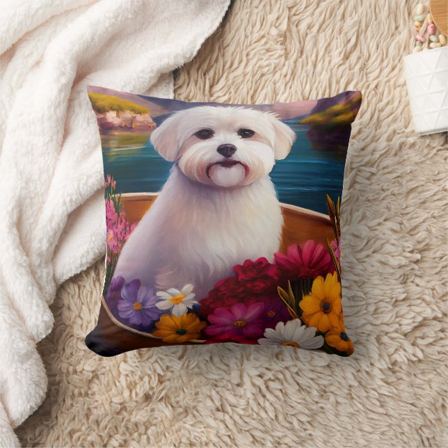 Maltese on a Paddle: A Scenic Adventure Throw Pillow (Blanket)