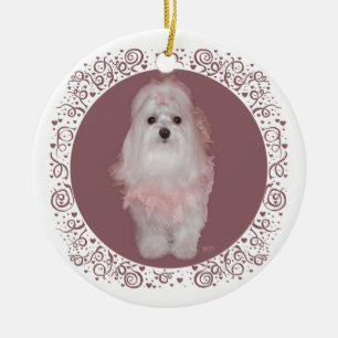 Maltese on Mauve Ceramic Ornament